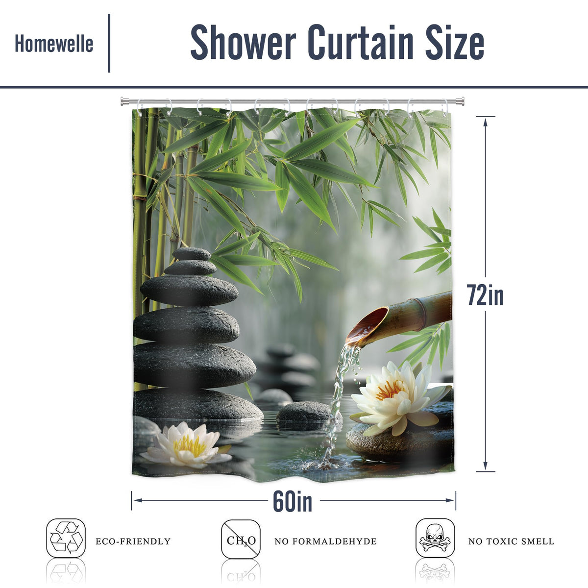 Zen Stone Meditation Shower Curtain Green Bamboo 60Wx72H Inch Decor (Zen02 / 60"W x 72"L (Pack of 1))