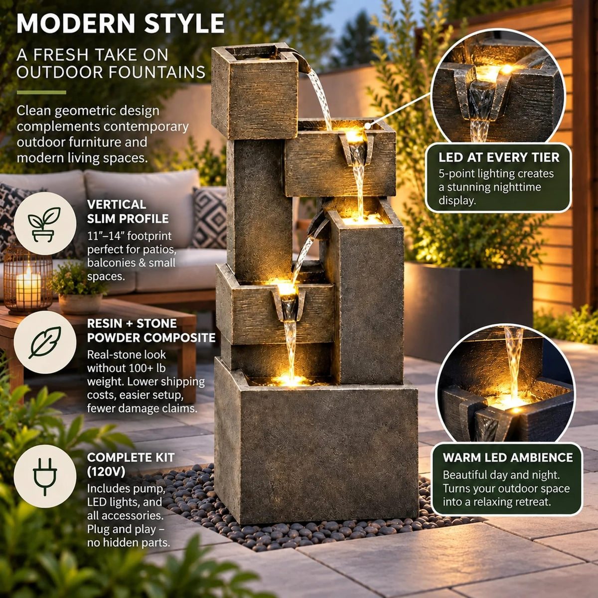 32.5" Large Outdoor Water Fountain LED Cascading Waterfall 5