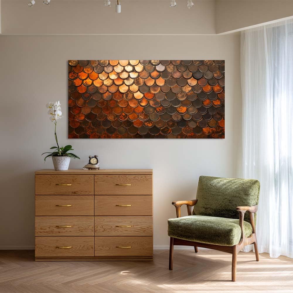Rustic Copper Scale Canvas Wall Art Abstract Geometric Faux Metallic Texture Painting Flat Print Gallery Wrapped Industrial Artwork for Living Room Bedroom Bathroom Decor (Abstract / Orange Fish Scales 35 / 46"L x 23"W)