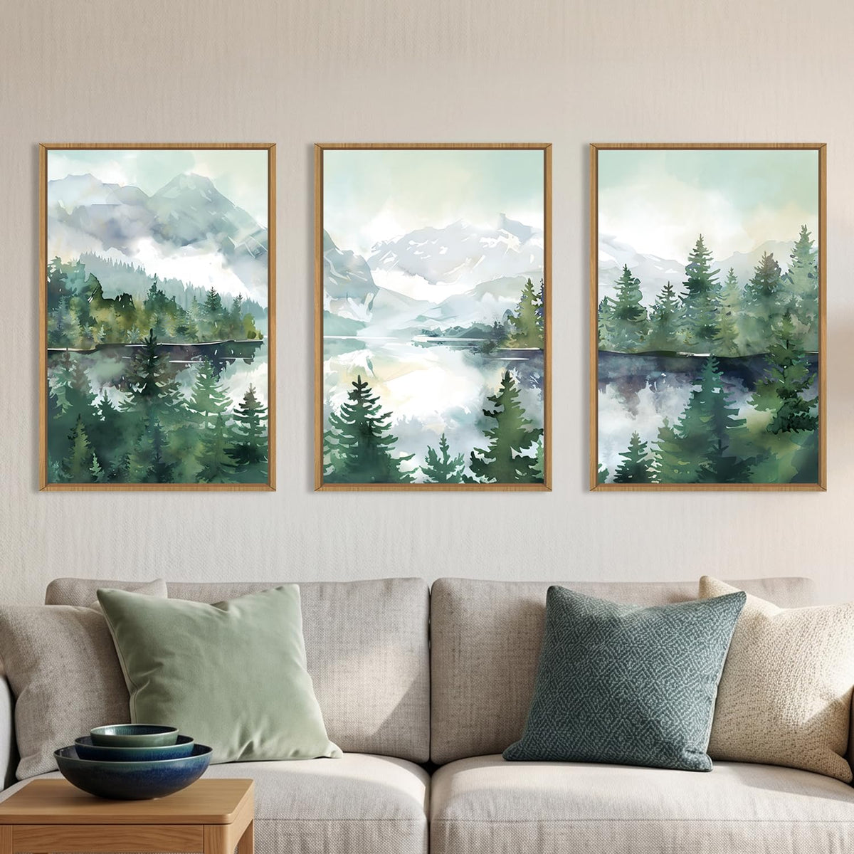 Watercolor Mountain Forest Framed Canvas Wall Art Set (Watercolor Mountain Wall Art / 24"L x 36"W)