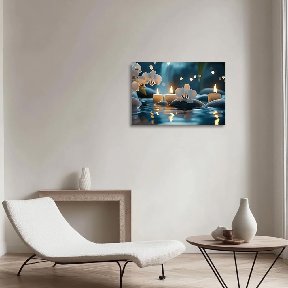 YMXHUANSH SPA Wall Art Decor Candles Canvas Print Orchids & Stones Zen Bathroom Artwork for Yoga Room Bedroom Massage Studio 12x18inch (Blue / 12"L x 18"W)