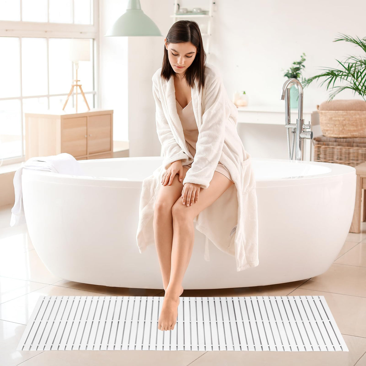 Bath Mat Bathroom Runner Long Large Rugs Floor Wood Shower Bathtub Waterproof Non Slip Accessories 16x48 Inch Easy to Clean (Striped White / 48" x 16" (Rectangular))
