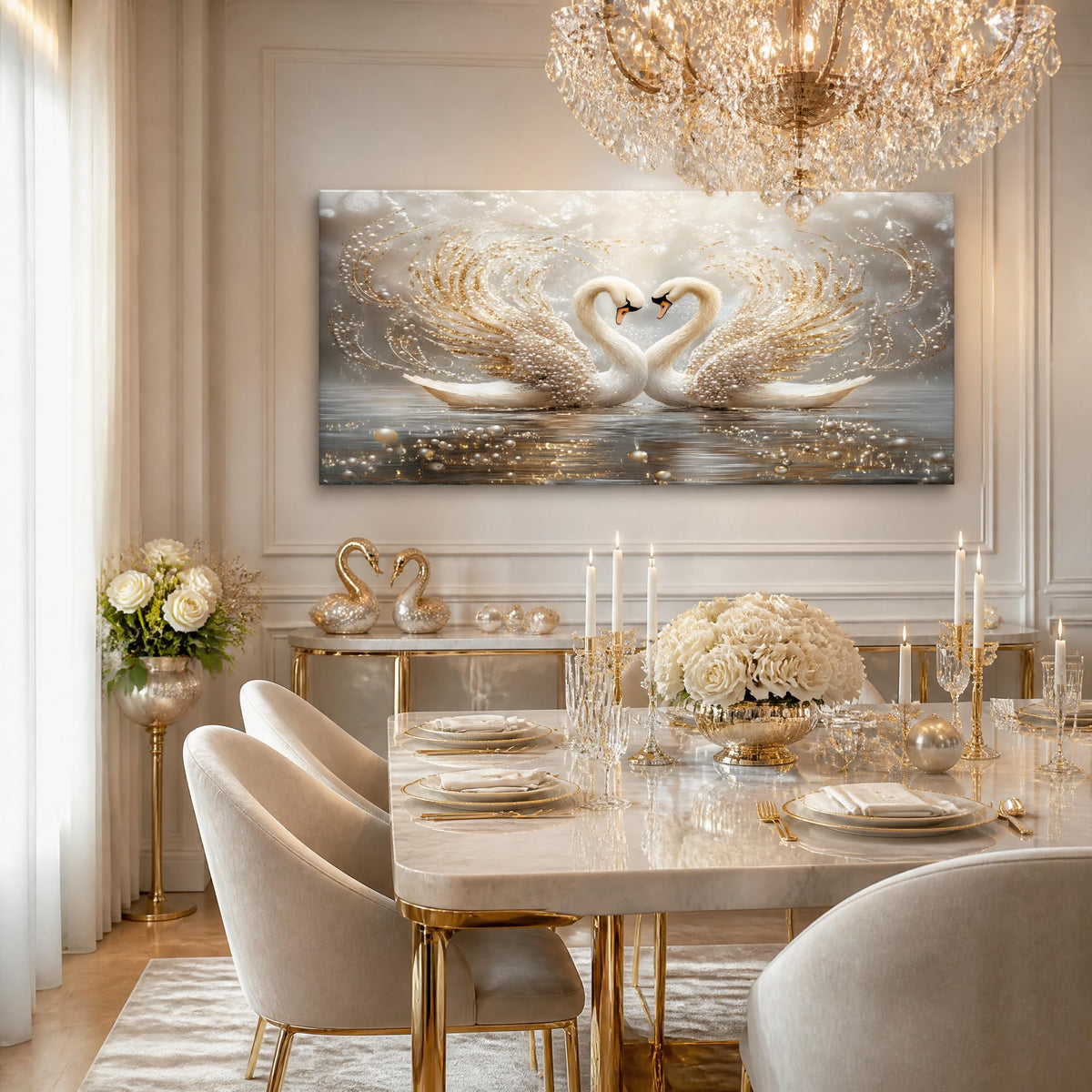 Romantic Swan Canvas Wall Art Gold Glitter Pearl Animal Painting Print Gallery Wrapped Luxury Heart Swan Artwork for Living Room Bedroom Bathroom Decor (Mysterious / White Swans Love 3 / 40"L x 20"W)