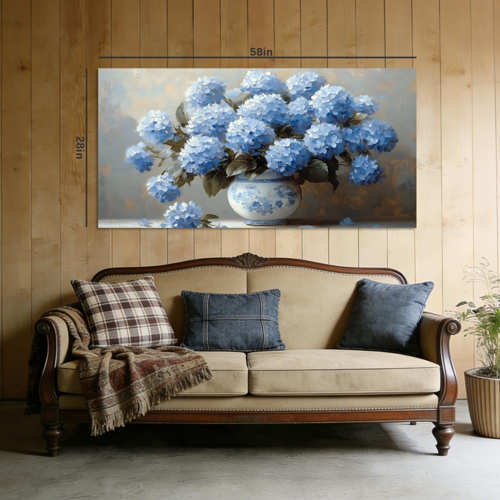 Blue Hydrangea Canvas Wall Art Floral Chinoiserie Vase Painting Flat Print Gallery Wrapped Classic Elegance Artwork for Living Room Bedroom Bathroom Decor (Bohemian / White Hydrangea Vase 2 / 58"L x 28"W)