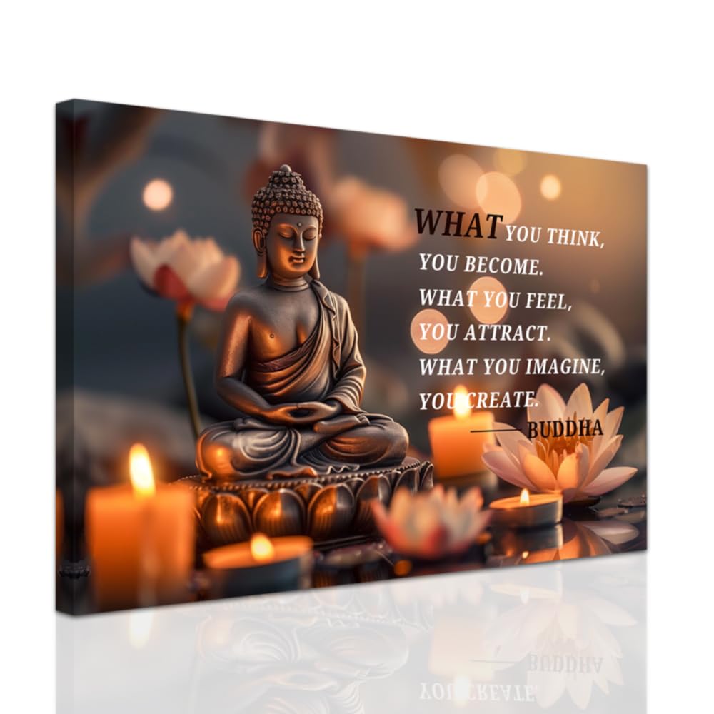 Buddhist Motivational Quotes Wall Art Canvas Prints Buddha Lotus Painting Zen Bathroom Pictures for Office Home Spa Yoga Room Wall Decor Framed (Orange / 16" x 24")
