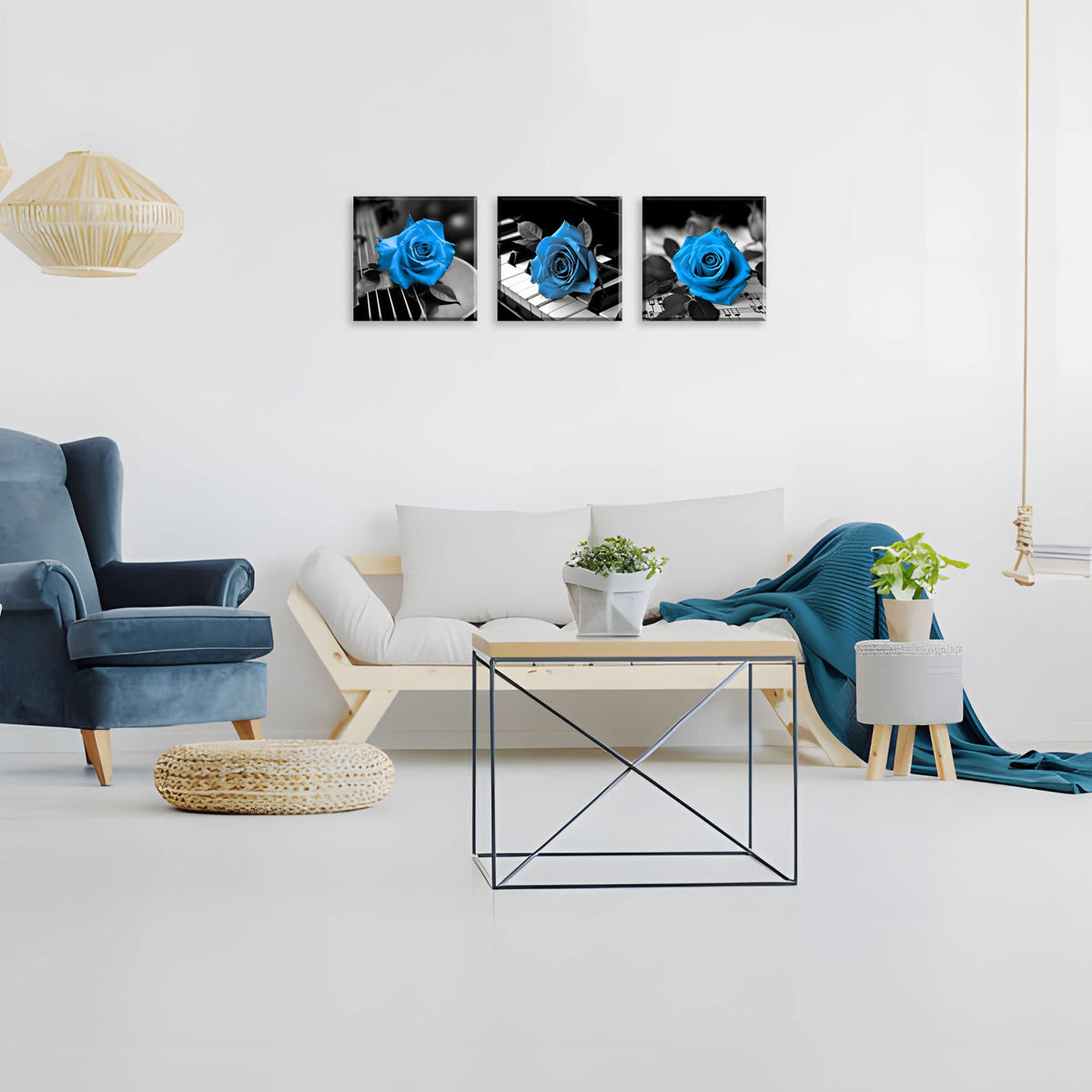 Blue Wall Decor for Living Room Blue Bathroom Accessories Black and White Canvas Wall Art Blue Rose Music Pictures Bedroom Decor Modern Painting Kitchen Home Decorations 16x16 3 Pcs (16 x 16 inches (3-Piece Set) / Blue Rose & Music)