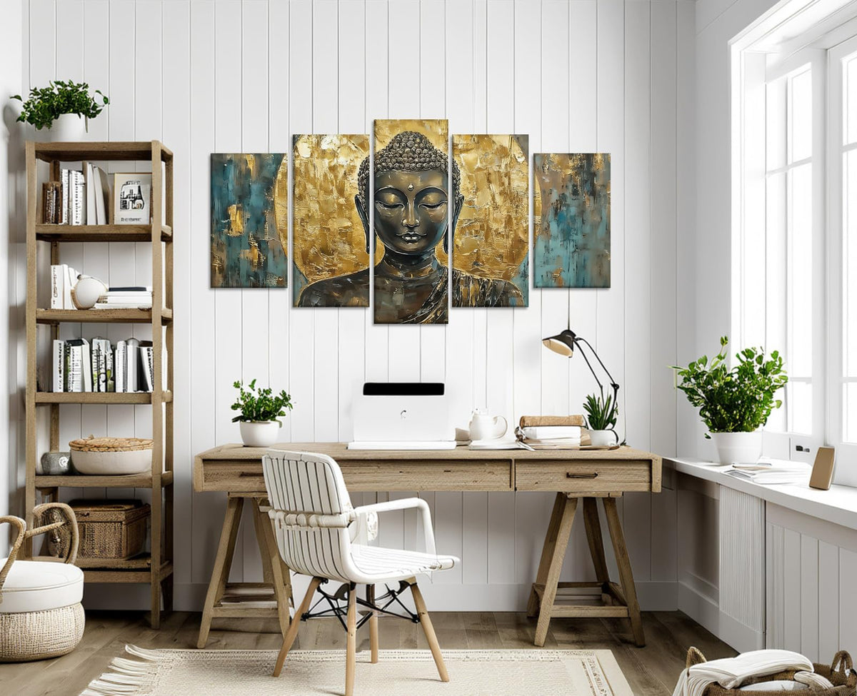 Buddha Canvas Wall Art 5 Piece Zen Wall Decor Vintage Cyan and Gold Buddha Picture Meditation Painting Buddhism Prints for Yoga Spa Spiritual Room Decor Framed (60x40 inch / Picture-7)