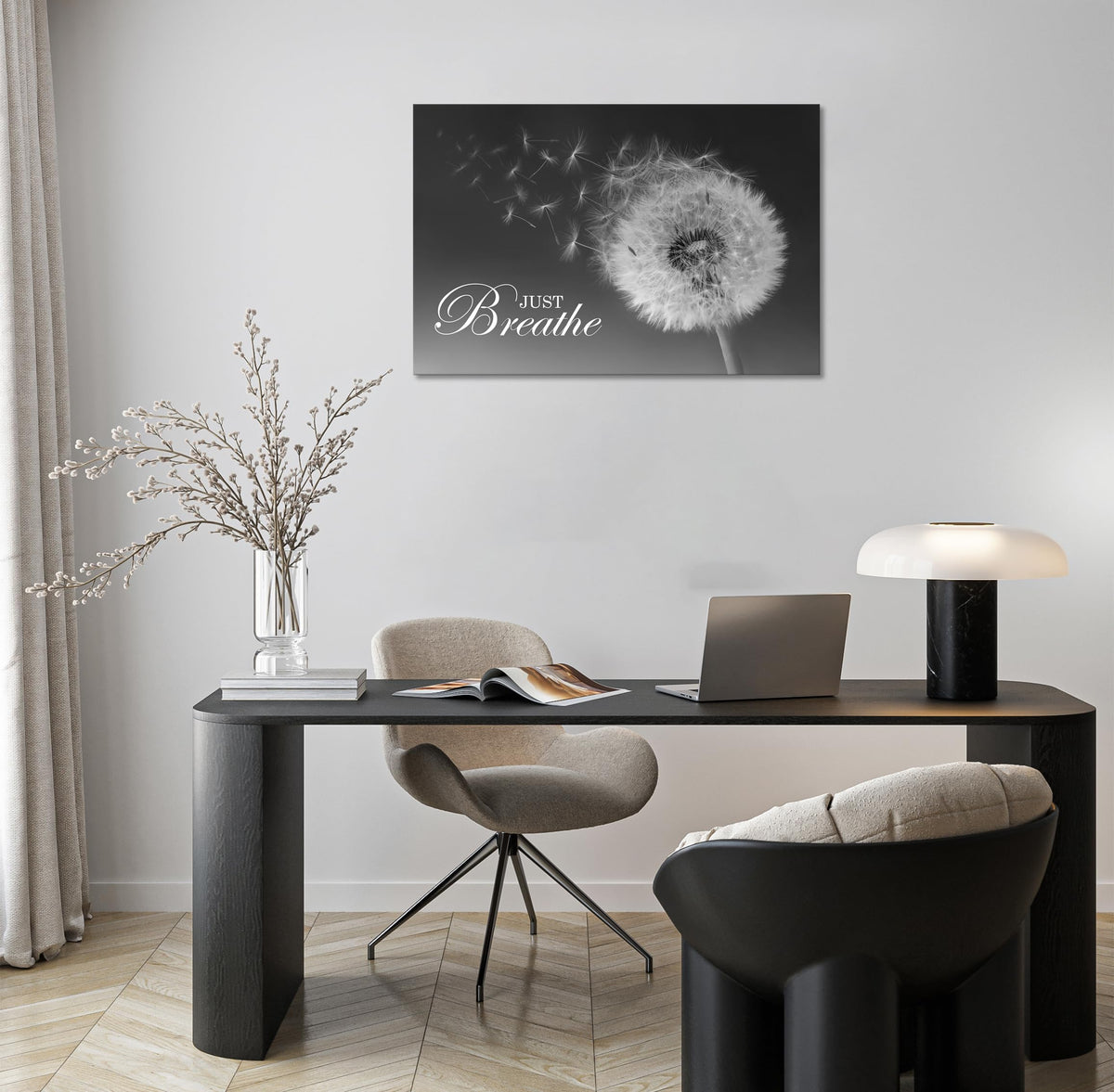 Just Breathe Wall Art Zen Office Wall Decor Inspirational Yoga Quotes Positive Relax Artwork Picture Black and White Dandelion Posters Print for Meditation Room (24"L x 36"W / Dandelion-01)