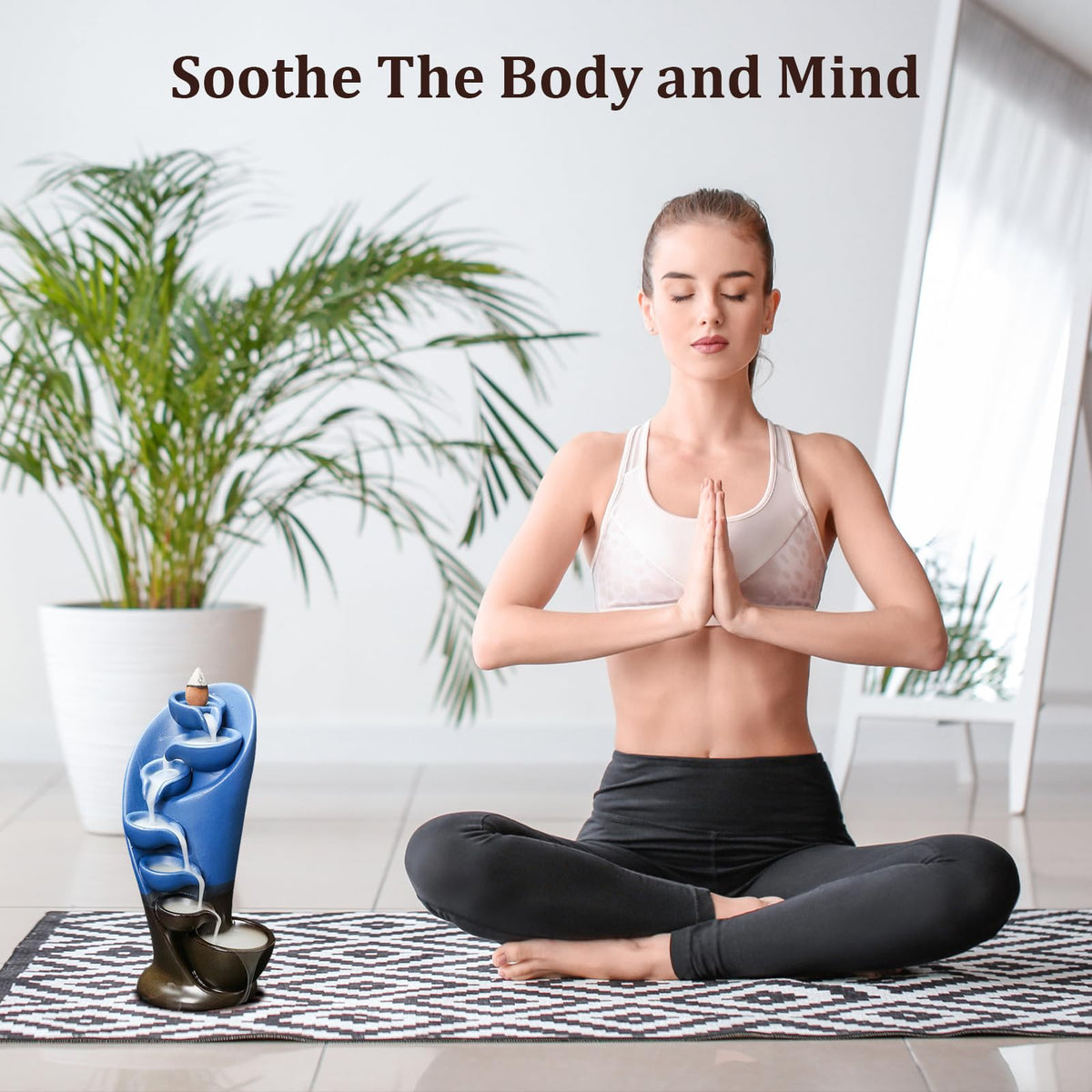 Backflow Incense Burner Holder Handmade Statue Decor Fountain Waterfall Incense Holder with 20 Backflow Incense Cones 30 Incense Sticks 1 Tweezer 1 Mat for Indoor Meditation Yoga (Navy Blue)