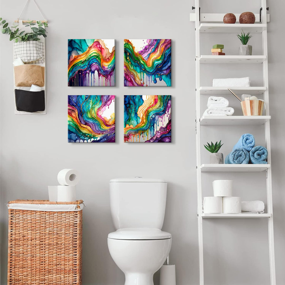 Colorful Wall Art Graffiti Rainbow Wall Decor for Living Room Abstract Fluid Lines Pictures Fantasy Watercolor Red Green Blue Liquid Canvas Prints Painting Modern Bedroom Home Decorations 12x12” 4Pcs (12"L x 12"W / Abstract Rainbow)