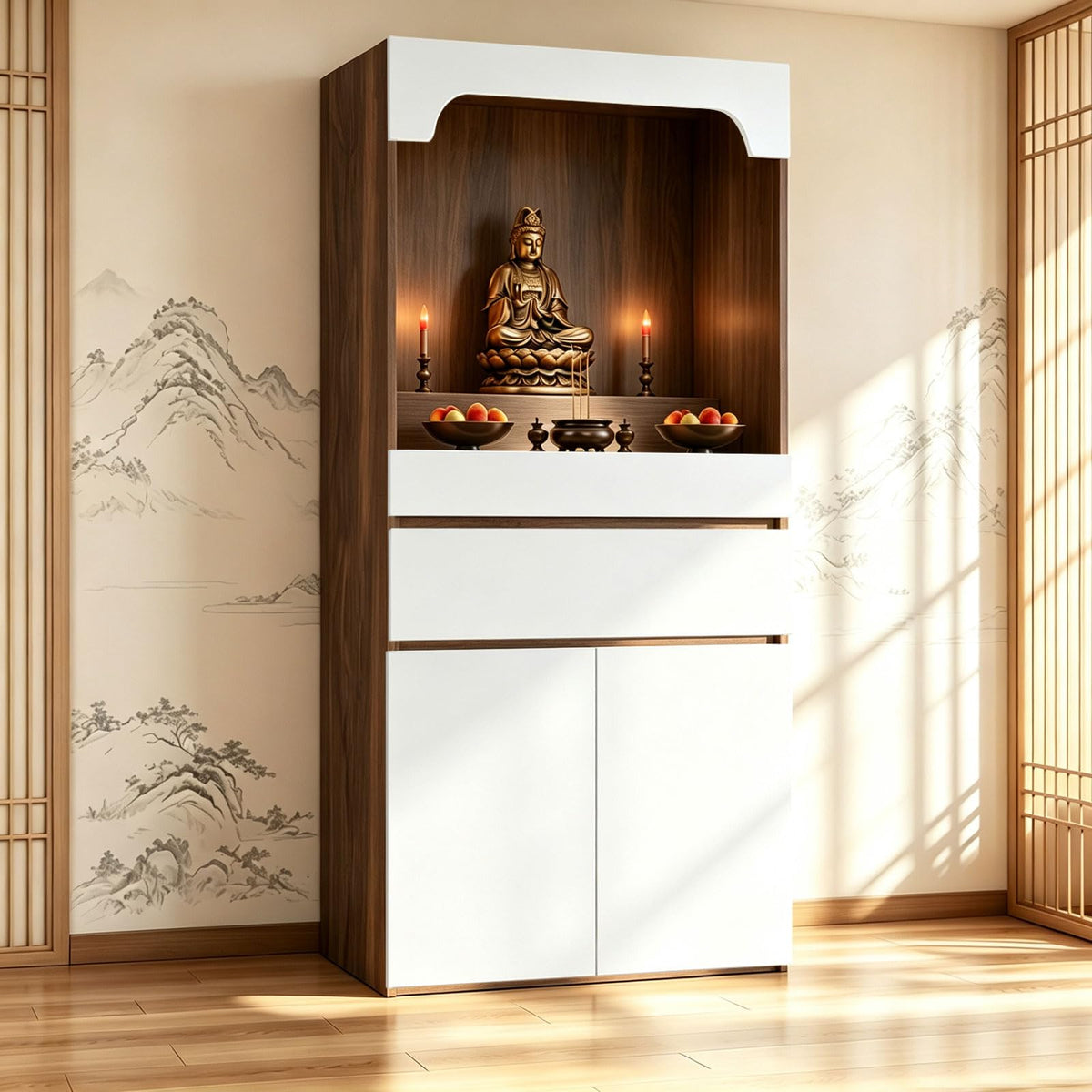 Altar Table Pooja Cabinet with Drawers and Storage Cabinets (15.7×15.7×65.4in / White + Dark Brown Natural Wood)