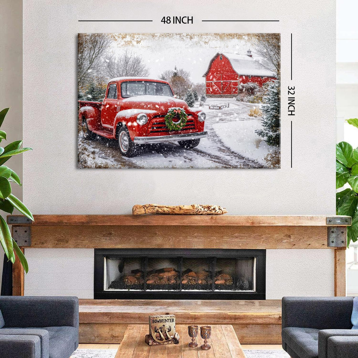Farmhouse Barn Wall Art Vintage Christmas Wall Decor for Kitchen Rustic Red Truck Prints Country Old Car Picture Winter Scenery Painting Artwork Dining Room Woodland Natural Home Decoration 32x48" (48"L x 32"W / Truck)