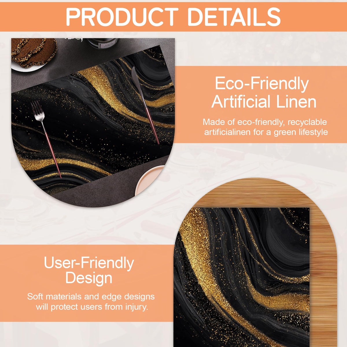 Marble Placemat Set of 6 (Marble Black Gold Flowing Marble)