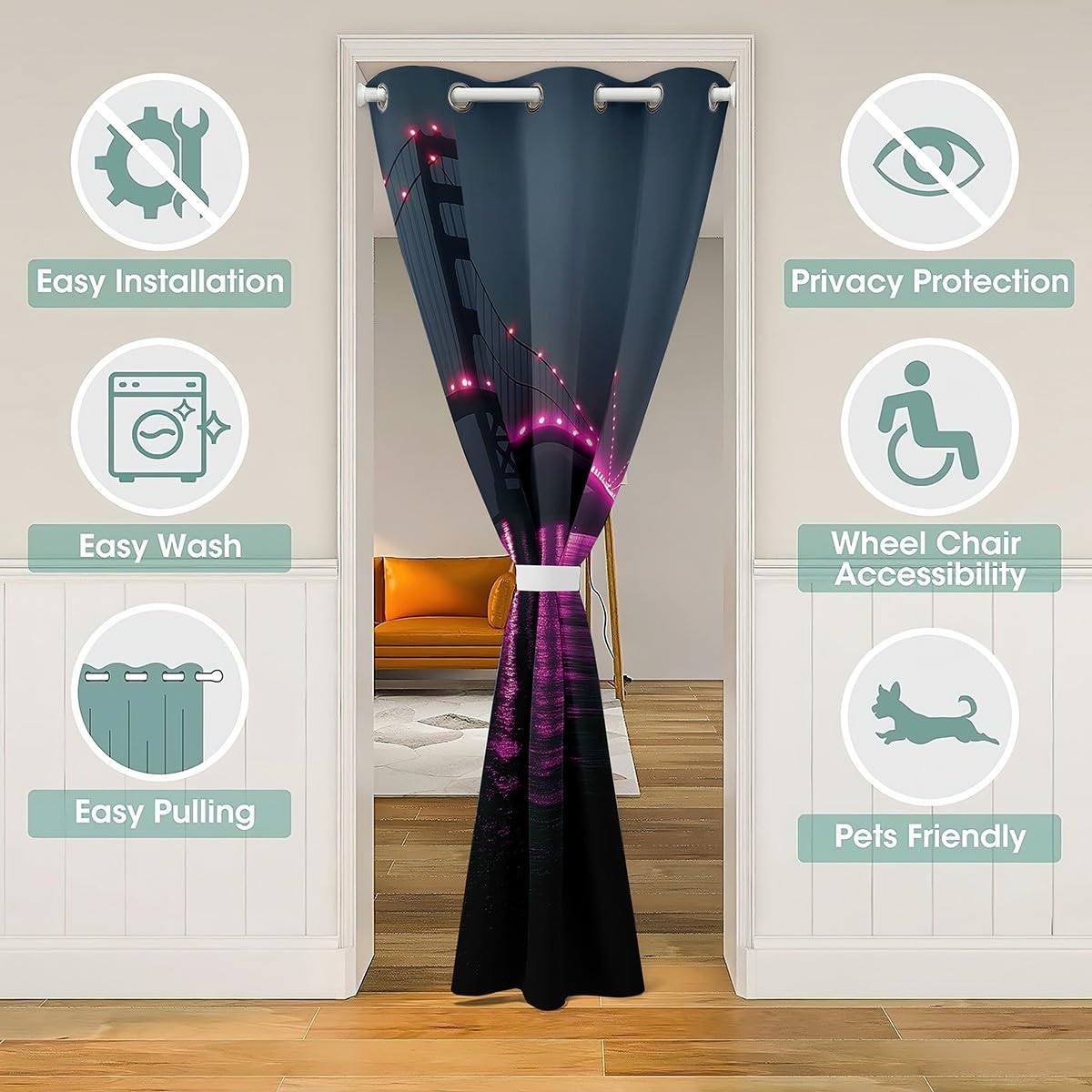 Golden Gate Bridge Door Curtain for Doorway Privacy 42x80 Inch 1 Panel Kids Nightscape Closet Cover Teens City Scenery Room Divider Curtain Breathable Soft Black and Purple Room Decor (Dull Black and Purple / 42"W x 80"L (Pack of 1))