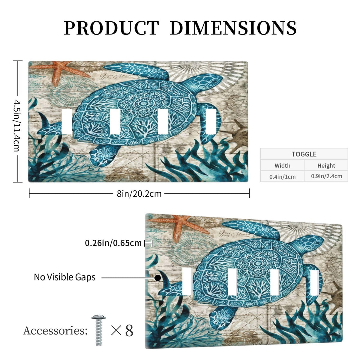 Nautical Beach Turtle Coastal Decorative 4 Gang Quad Toggle Light Switch Cover Plate Decorative Electric Quadruple Device Faceplate Switchplate Screwless (Nautical Beach Turtle Coastal / 4 Gang Quad Toggle)