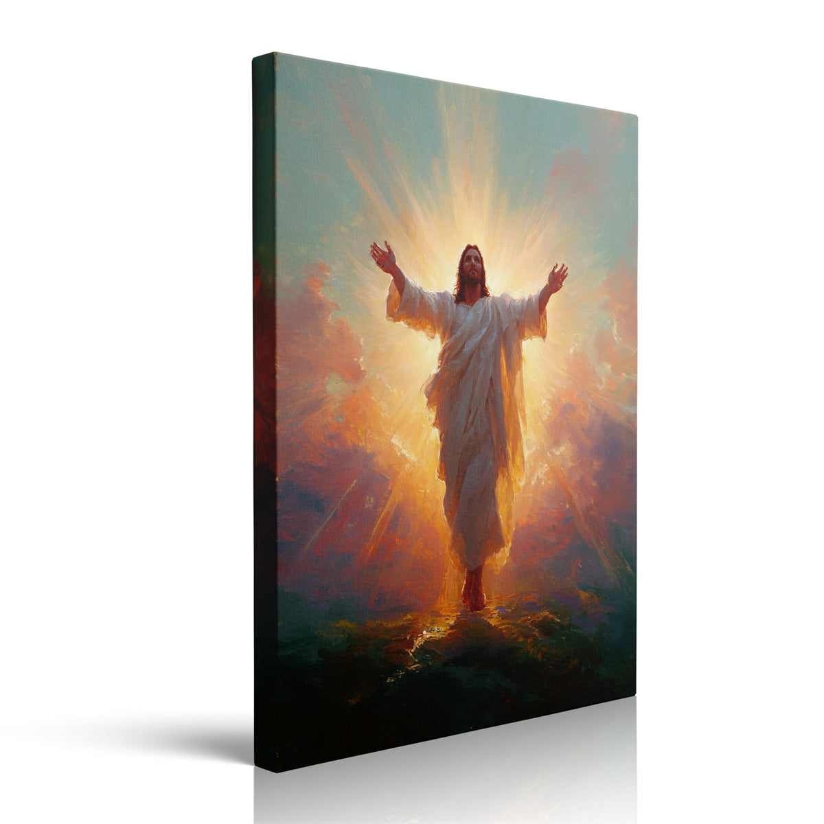 Risen Christ Canvas Wall Art Framed Painting Jesus with Divine Light Rays Outstretched Arms in White Robes Religious Christian Wall Decor Artwork Print Poster 16x24 Inches (Illuminating Jesus / 24"L x 16"W)