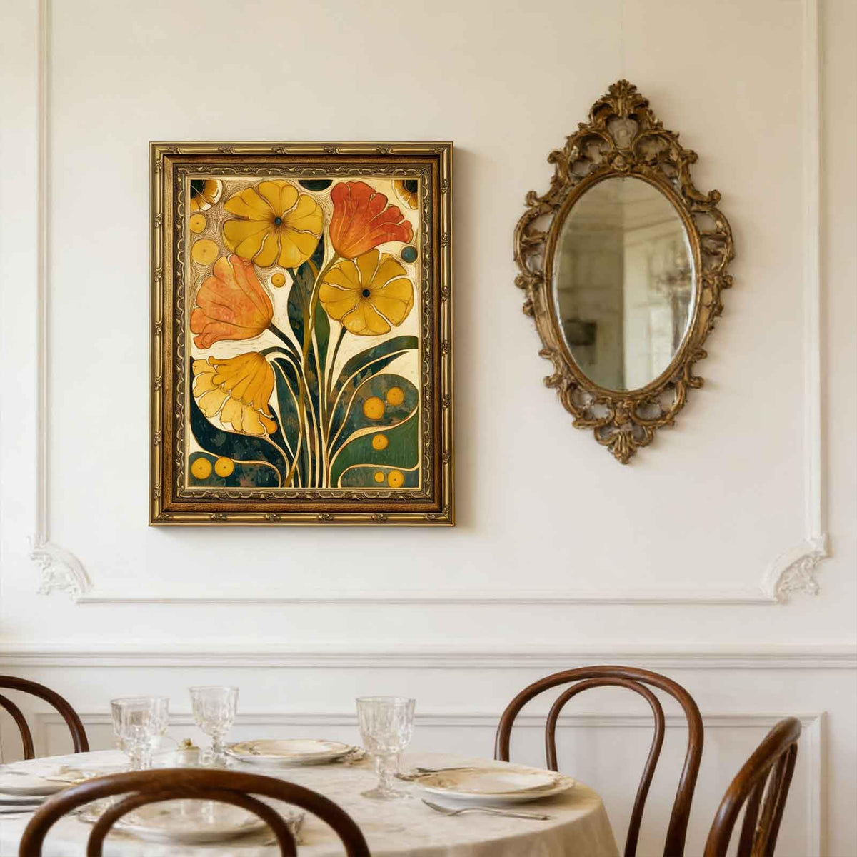 Large Abstract floral Canvas Wall Art Framed Boho Orange Flower Decor Picture Vintage Medieval Mustard Yellow Plant Bedroom Living Poster Prints for Dining Study Office Corridor Room Home Decoration (flower / 36"L x 24"W)