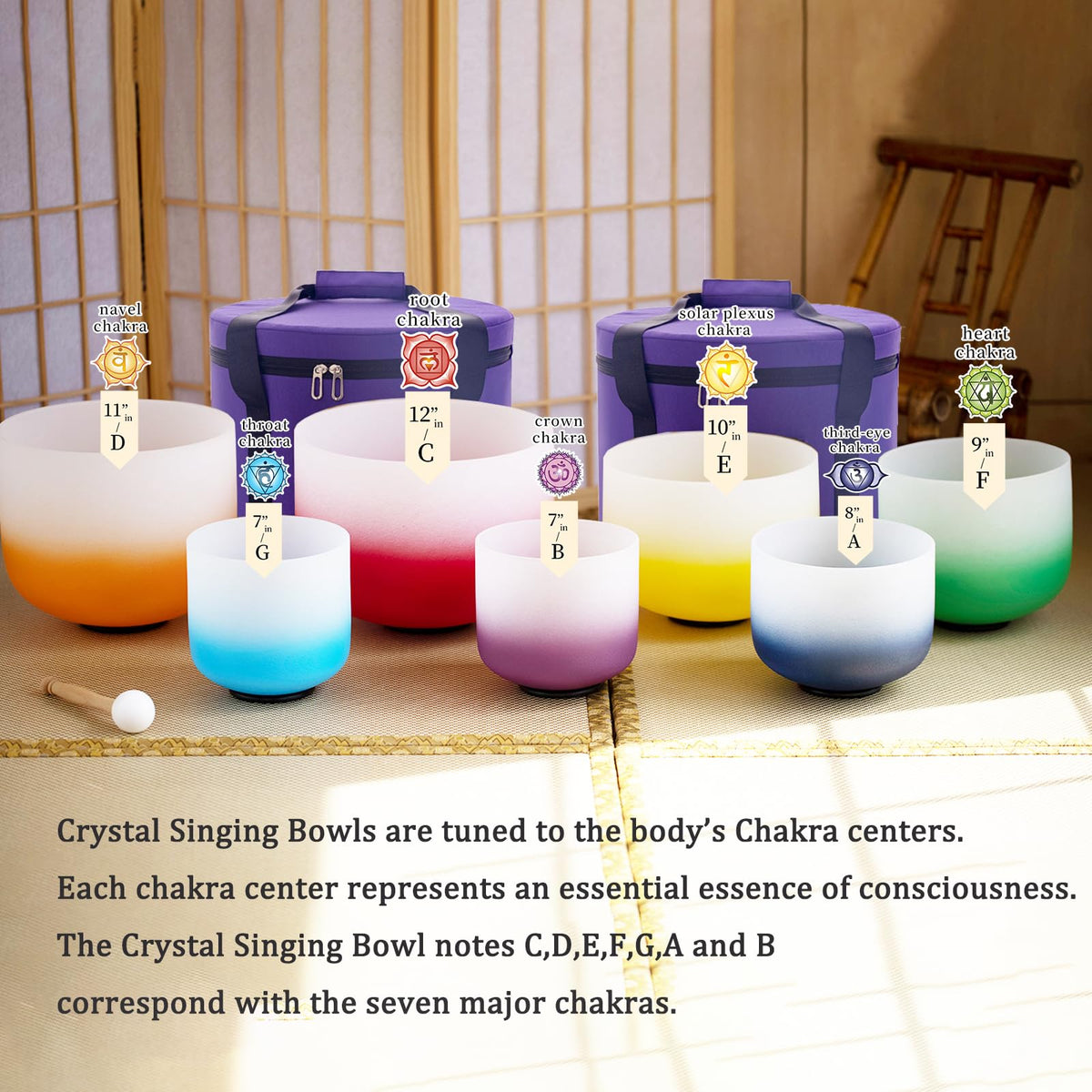 7 12Inch Gradient Crystal Singing Bowl Set 432hz Meditation Healing (7-12inch 432hz Gradient 7pcs)