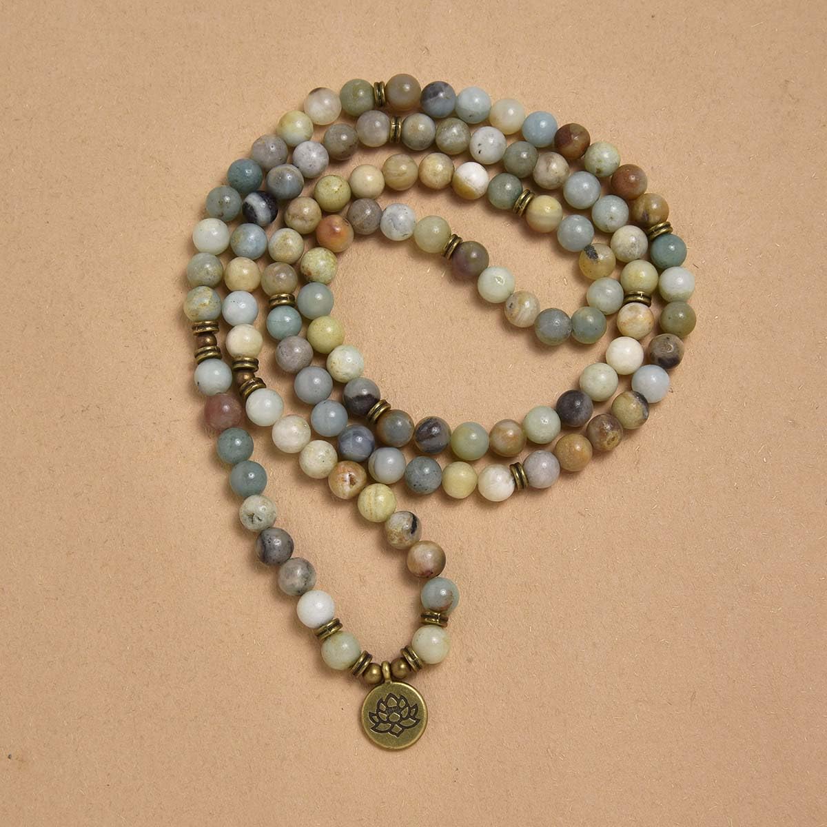 108 Natural Stone Mala Beads Yoga Bracelet with Lotus Charm (Amazonite)