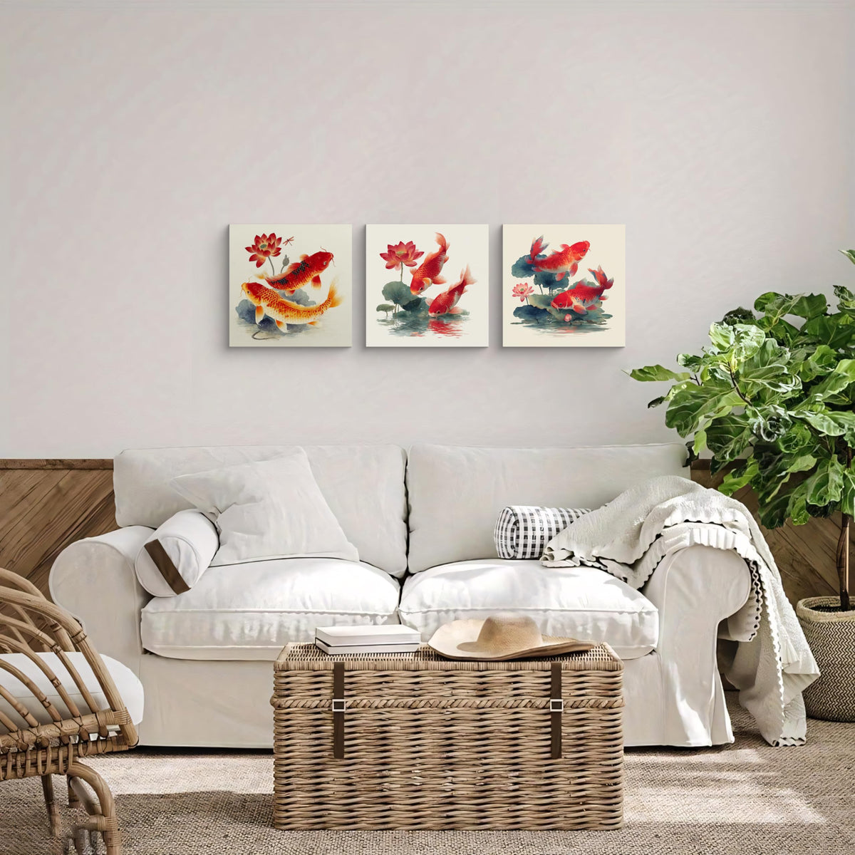 3Pcs Japanese Koi Fish Lotus Flower Wall Art Red Watercolor Zen Canvas Prints for Living Room Feng Shui Good Luck Animal Pictures Asian Oriental Floral Artwork Decor Ready to Hang (Zen Koi Canvas / 12x12inchx3)