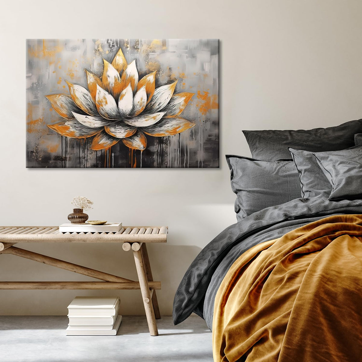 Lotus Wall Art Zen Flower Print Painting Wall Decor Abstract White Gold Flower Spiritual Room Decor Artwork Living Room Bathroom Wall Art Ready to Hang (Lotus 04 / 36"L x 24"W)