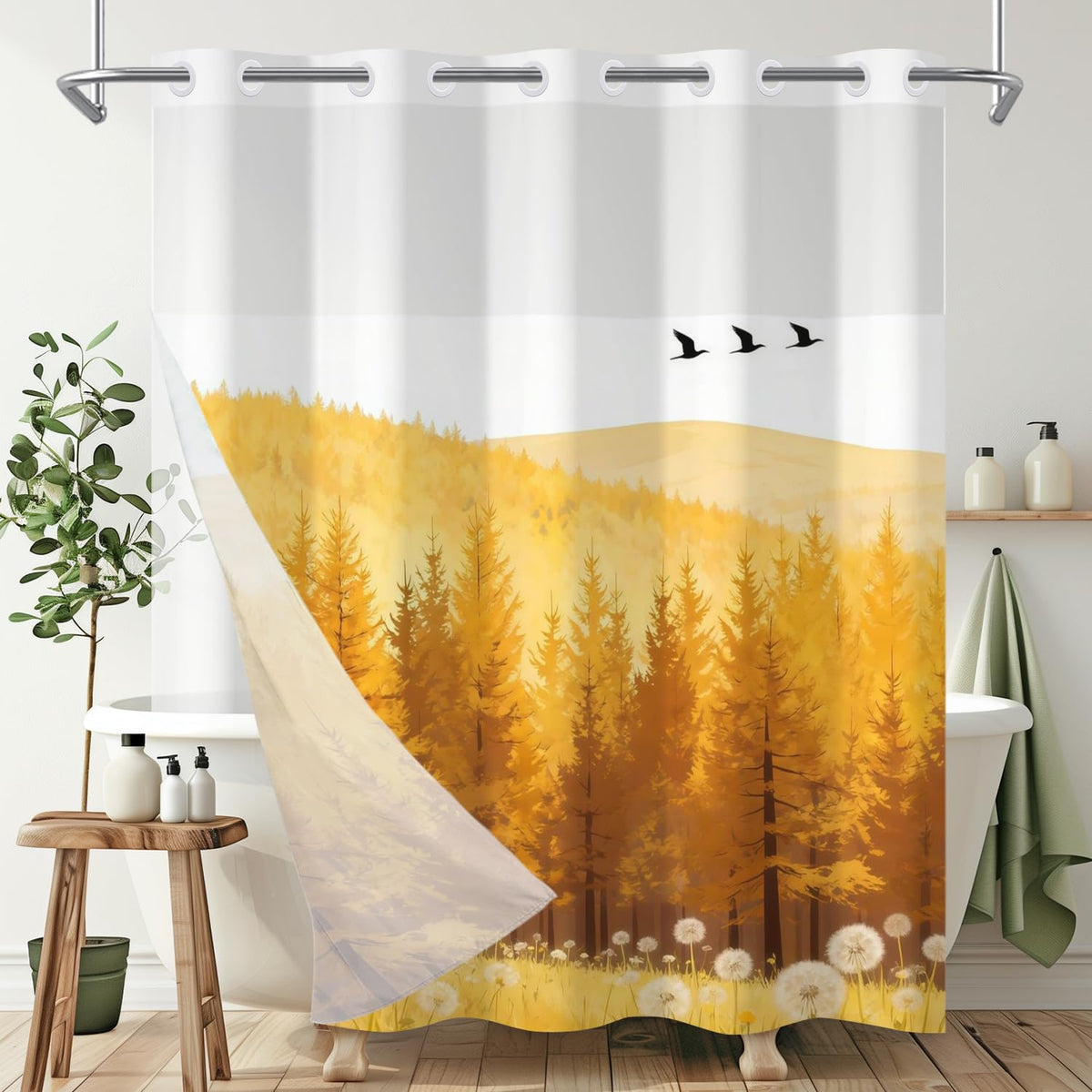 Fall Forest No Hook Shower Curtain and Liner Set Yellow Pine Trees Shower Curtains with Dandelion Field Minimalist Nature Scenery Bathroom Decor Waterproof 71x74 Inch (Dark Orange)