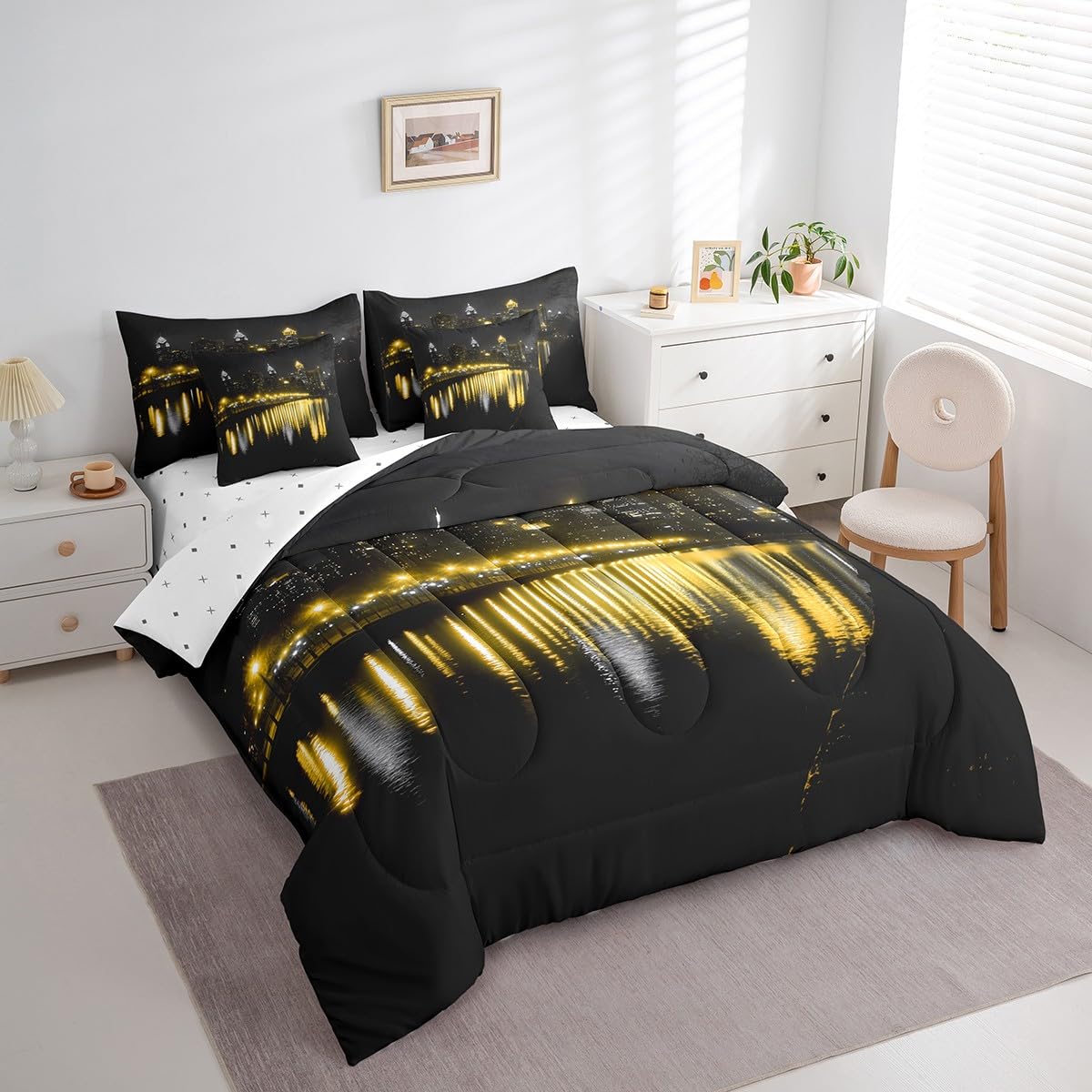 Golden Gate Bridge Comforter Set with Sheets Queen Size Kids Nightscape 7 Piece Bedding Set All Season Teens City Scenery Bed in A Bag Breathable Soft Lightweight Black Yellow Room Decor (Carbon Black Yellow / Queen)