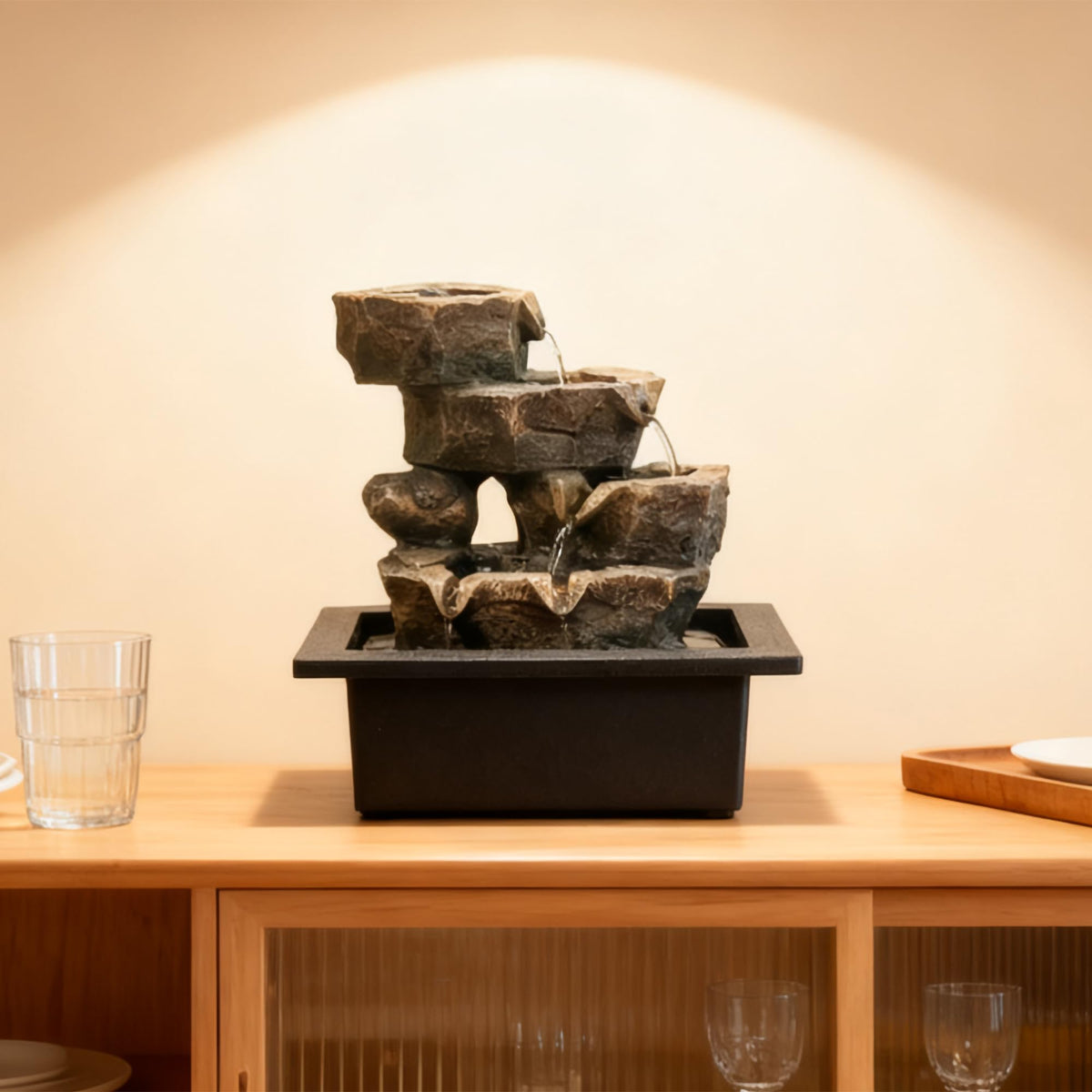 Indoor Tabletop Rock Waterfall Fountain with Warm Light & Stacked Stone for Home Office Desk Decor (Style 6)