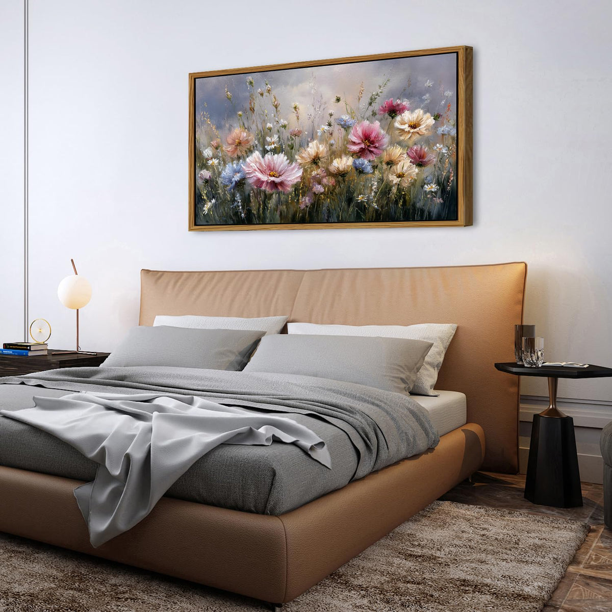 Colorful Pink Floral Wall Art Framed Bedroom Decor Abstract Nature Wildflower Picture Canvas Prints for Living Room Home Decorations (30"L x 57.8"W / Wildflower)