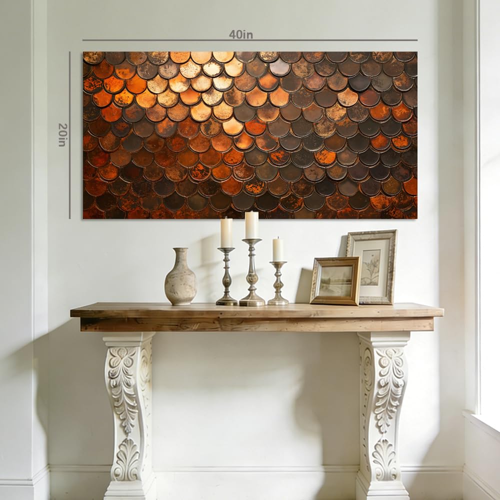Rustic Copper Scale Canvas Wall Art Abstract Geometric Faux Metallic Texture Painting Flat Print Gallery Wrapped Industrial Artwork for Living Room Bedroom Bathroom Decor (Abstract / Orange Fish Scales 35 / 46"L x 23"W)