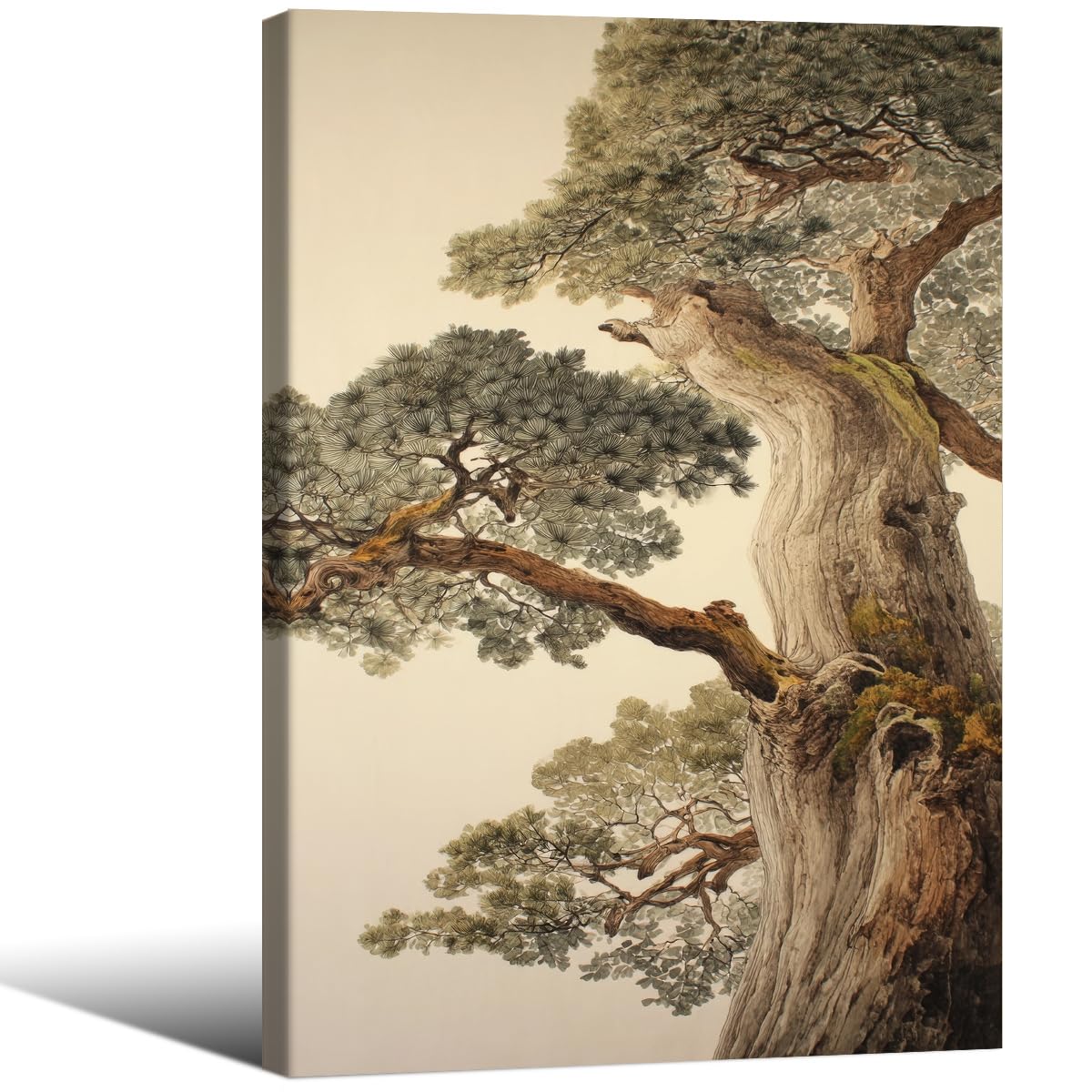 Vintage Japanese Pine Tree Framed Wall Art Oriental Asian Tree Canvas Posters 12x18 inch Japan Scenery Room Aesthetic Prints Calm Earthy Forest Botanical Painting for Home Bedroom Living Room Office (Wrapped Canvas / Japanese Poster / 18"L x 12"W)
