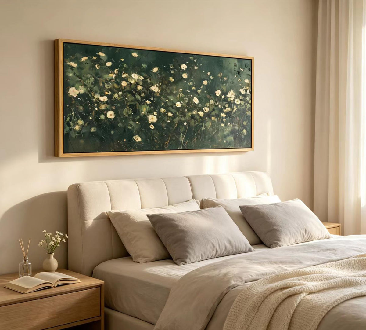 Large Abstract Floral Wall Art Dark Green White Botanical Wildflower Wall Decor Emerald Green Wildflower Painting for Living room Balcony Hotel Entryway Bedroom Home Decoration (Green Flower / 48"L x 24"W)
