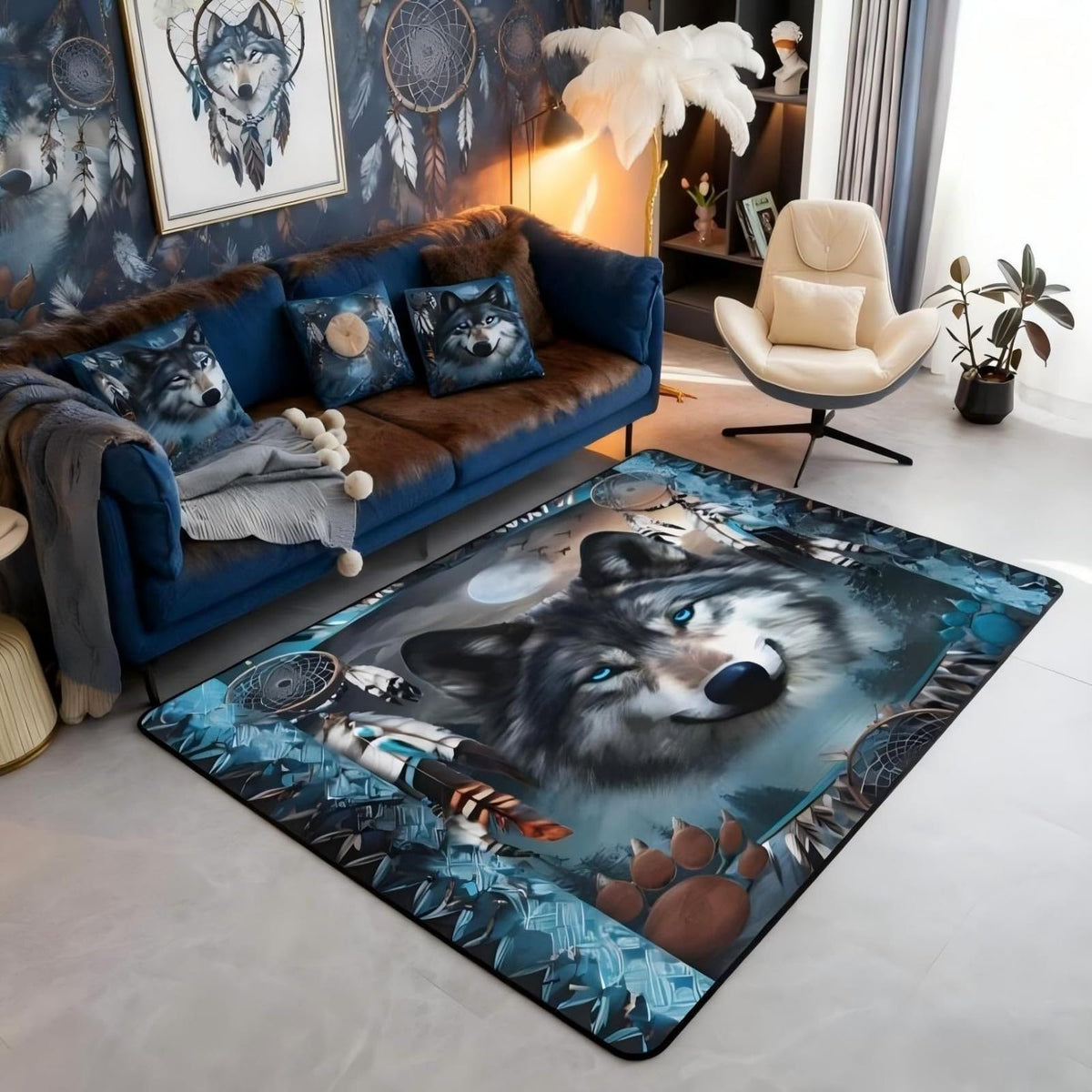 Western Wolf Area Rug 3x5 Bohemian Dream Catchers (Grey Blue / 3'3" x 4'11" (Rectangular))