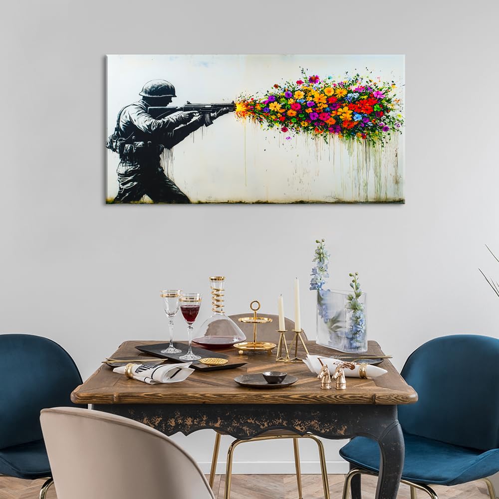 Black Soldier with Colorful Flower Wall Art for Living Room Office Peaceful Urban Contemporary Painting Prints Banksy Style Canvas Artwork Dining Bedroom Decor (Contemporary / Colorful Soldier Flower Wall Art / 40"L x 20"W)