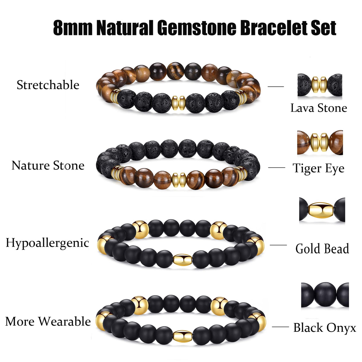Mens Bracelets 8MM Natural Stone Beads Bracelet Set Stretch Adjustable Beaded Bracelets for Men (4,tiger eye,lava,volcano bracelet)