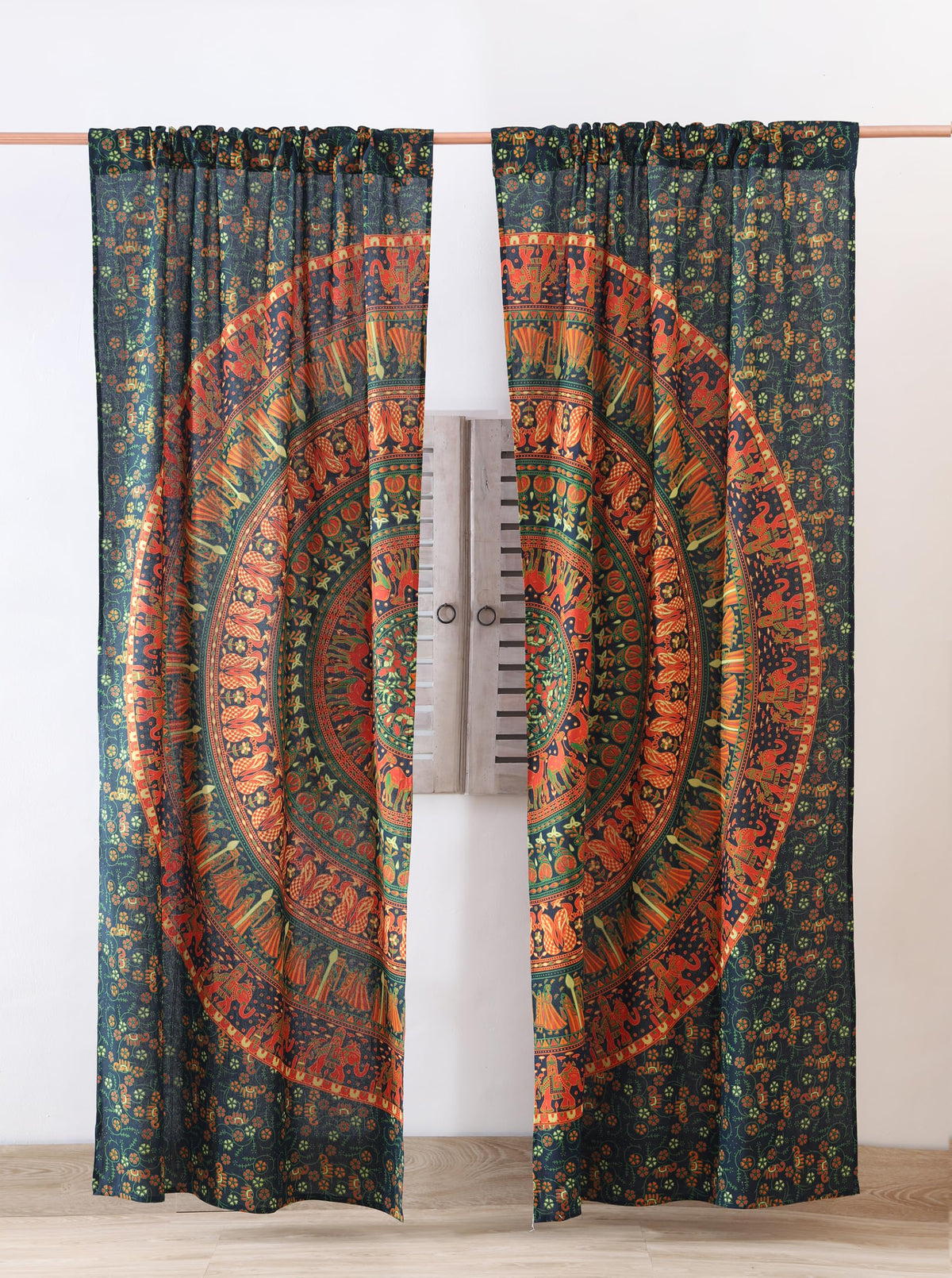 Indian Hippie Bohemian Beautiful Elephant Peacock Mandala Curtain Panels Olive Green (38"W x 83"L (Pack of 2) / Olive Green)