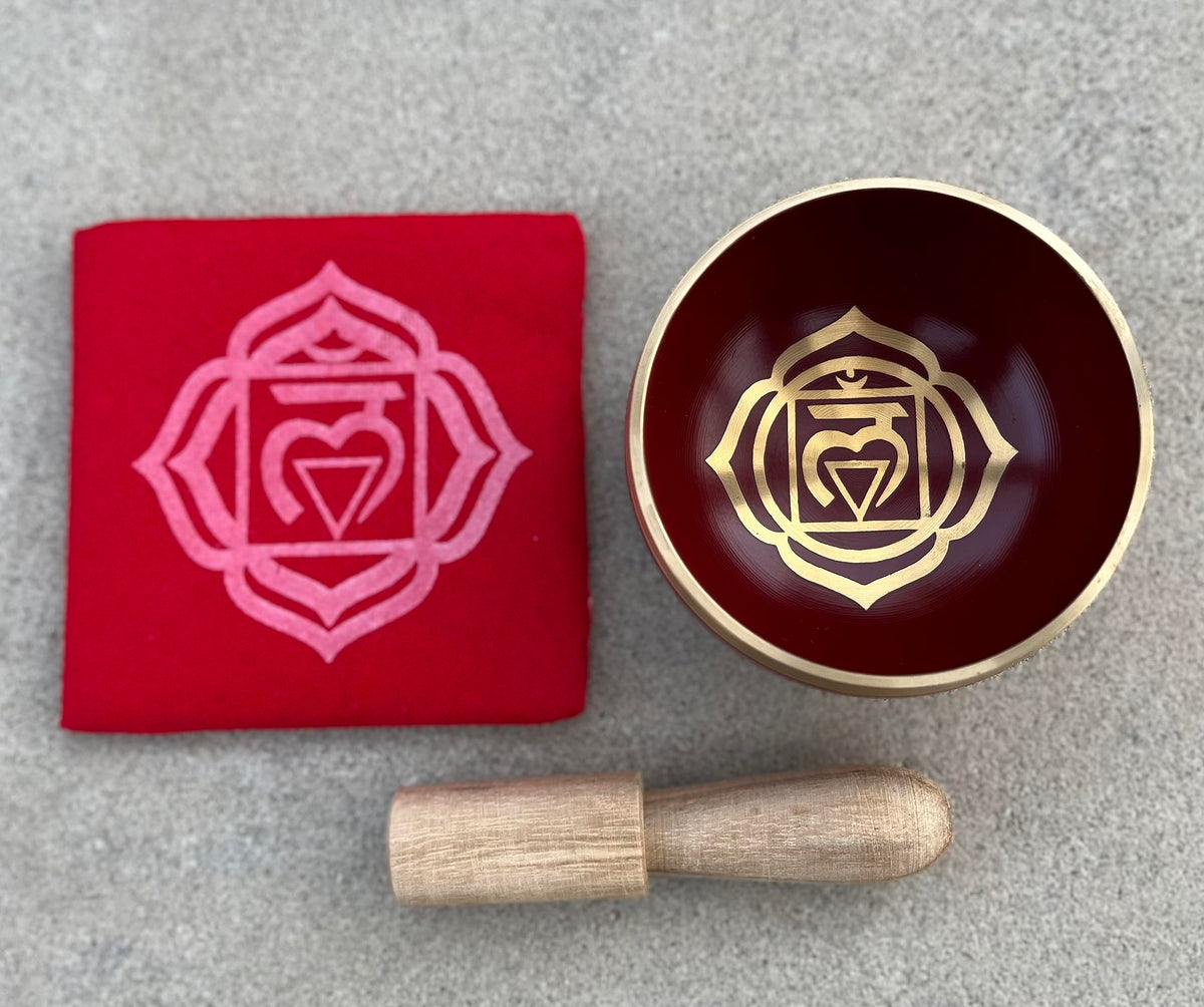 Tibetan Root Chakra Premium Palm Size Singing Bowl Gift Box Set (Red)