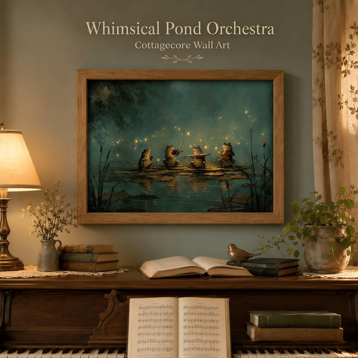 Frog Lily Pad Orchestra Framed Wall Art (Four frogs / 24"L x 16"W)