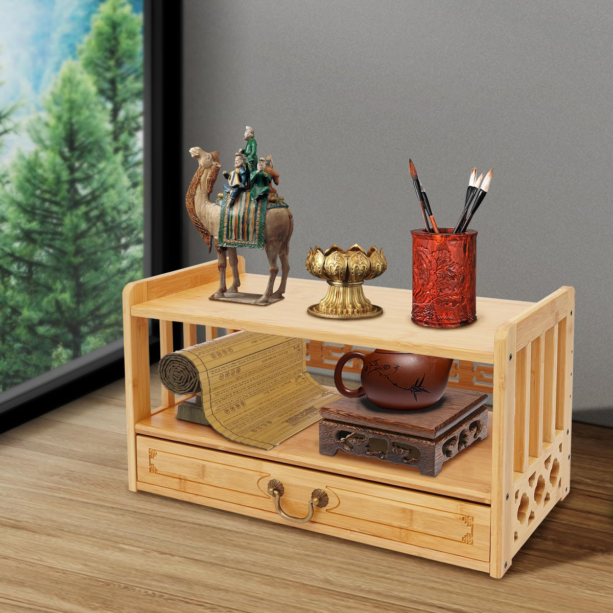 Storage Tables Altar Table with Drawer Meditation Table Bamboo Puja Tables Chinese Style Desk for Meditation (20.4*9.8*11in / Wood Color)