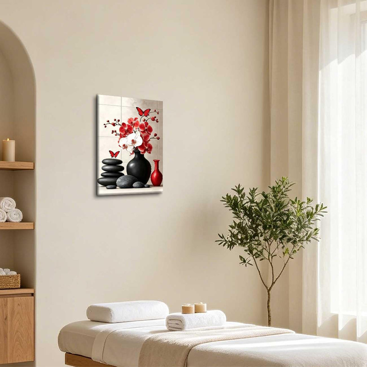 Orchid Flower Canvas Wall Art Zen Bathroom Pictures Prints Spa Stone Butterfly Wall Decor Black White Yoga Meditation Paintings for Living Room Bedroom (Red / 30"L x 20"W)