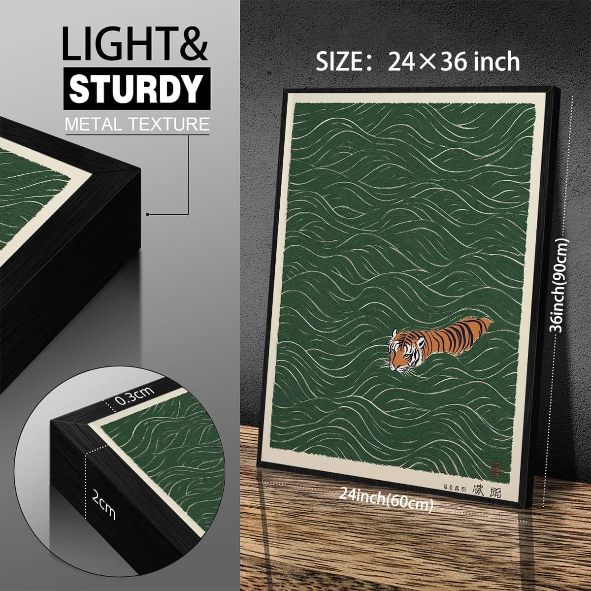Black Framed Vintage Japanese Tiger Swimming Prints 24x36in Ukiyo (Black Framed / Japanese Prints / 36"L x 24"W)