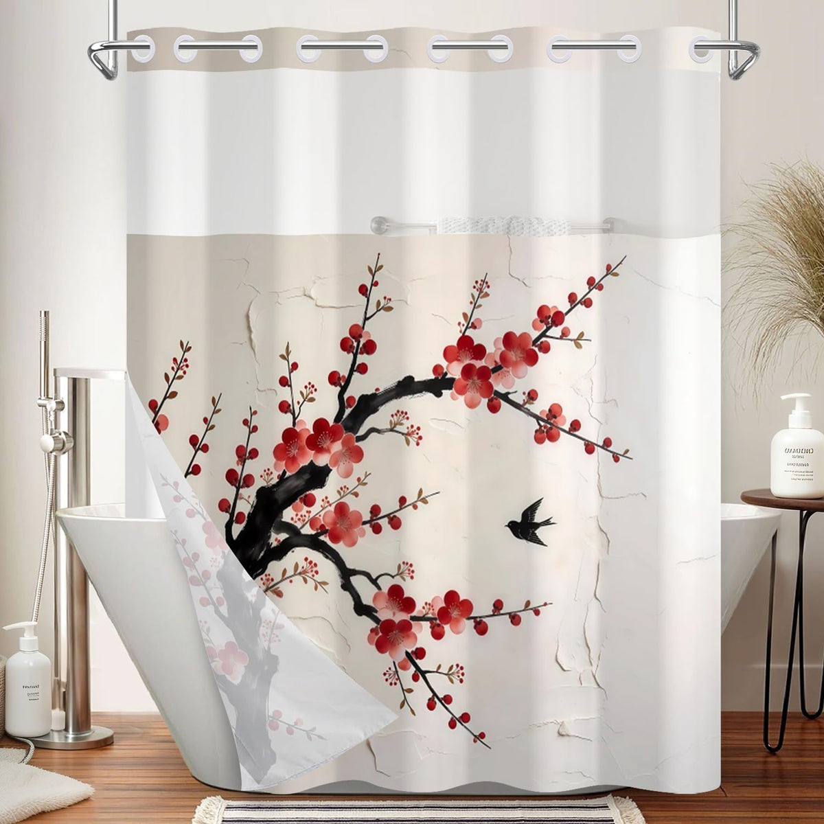 Plum Blossom Shower Curtain with Snap in Liner (Red Plum Blossom)