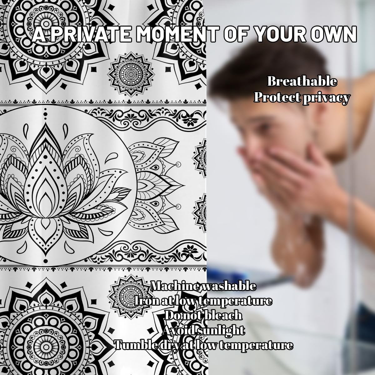 Black and White Mandala Shower Curtain Lotus Flower (Coloful / 70"W x 72"L (Pack of 1))