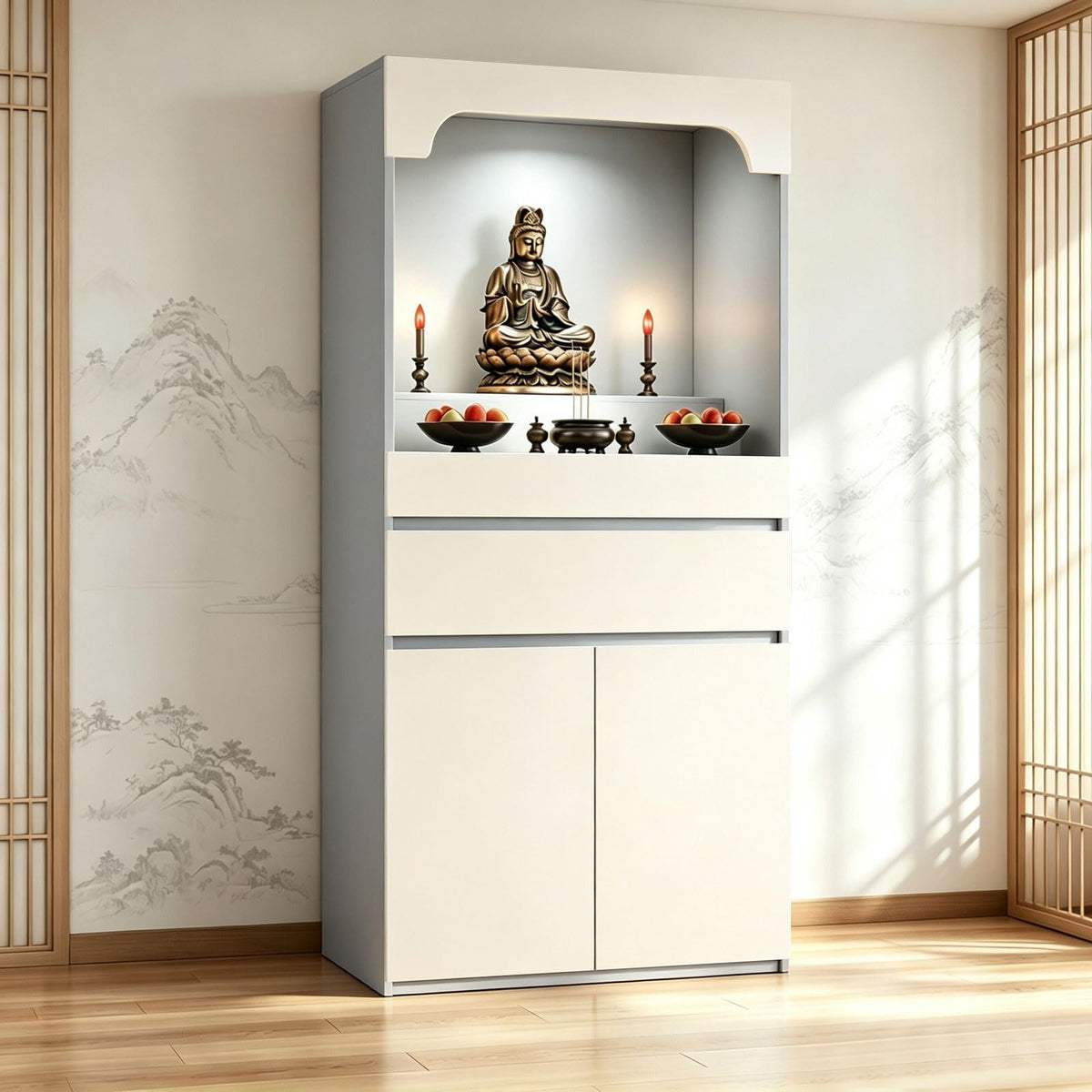 Altar Table Pooja Cabinet with Drawers and Storage Cabinets (19.7×15.7×65.4in / Beige+light Gray)