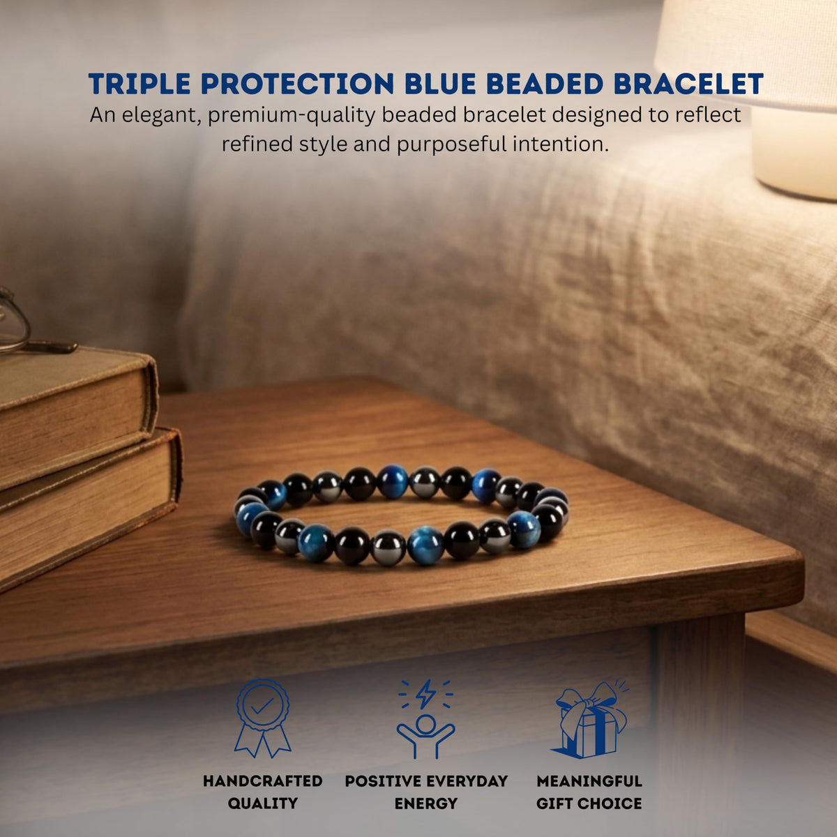 Triple Protection Blue 8mm Beaded Bracelet (Triple Protection Blue / Small)