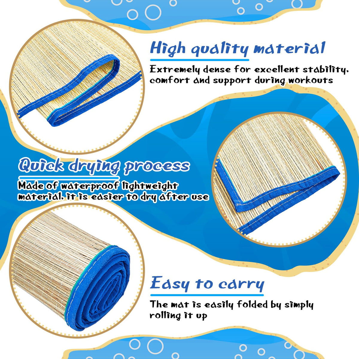 4 Packs Straw Beach Mat with Trim (60 x 33 Inch / Blue)