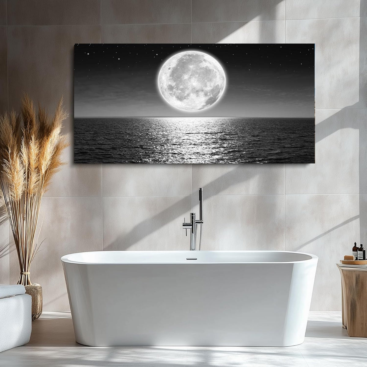 Black and White Wall Art Full Moon Sea Coastal Canvas Wall Art Beach Paintings Ocean Posters Landscape Picture Print Modern Office Artwork for Living Room Decor Bedroom Home Décor Framed (2SeaMo05 / 40"L x 20"W)