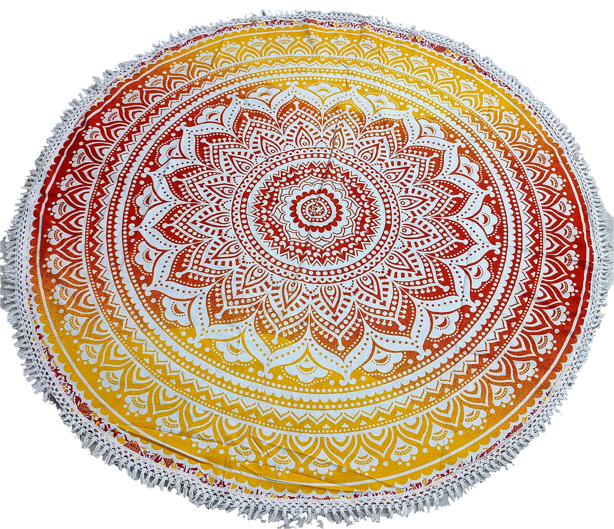 Round Beach Tapestry Turquoise Mandala Throw (5'8" (Round) / Yellow-orange)