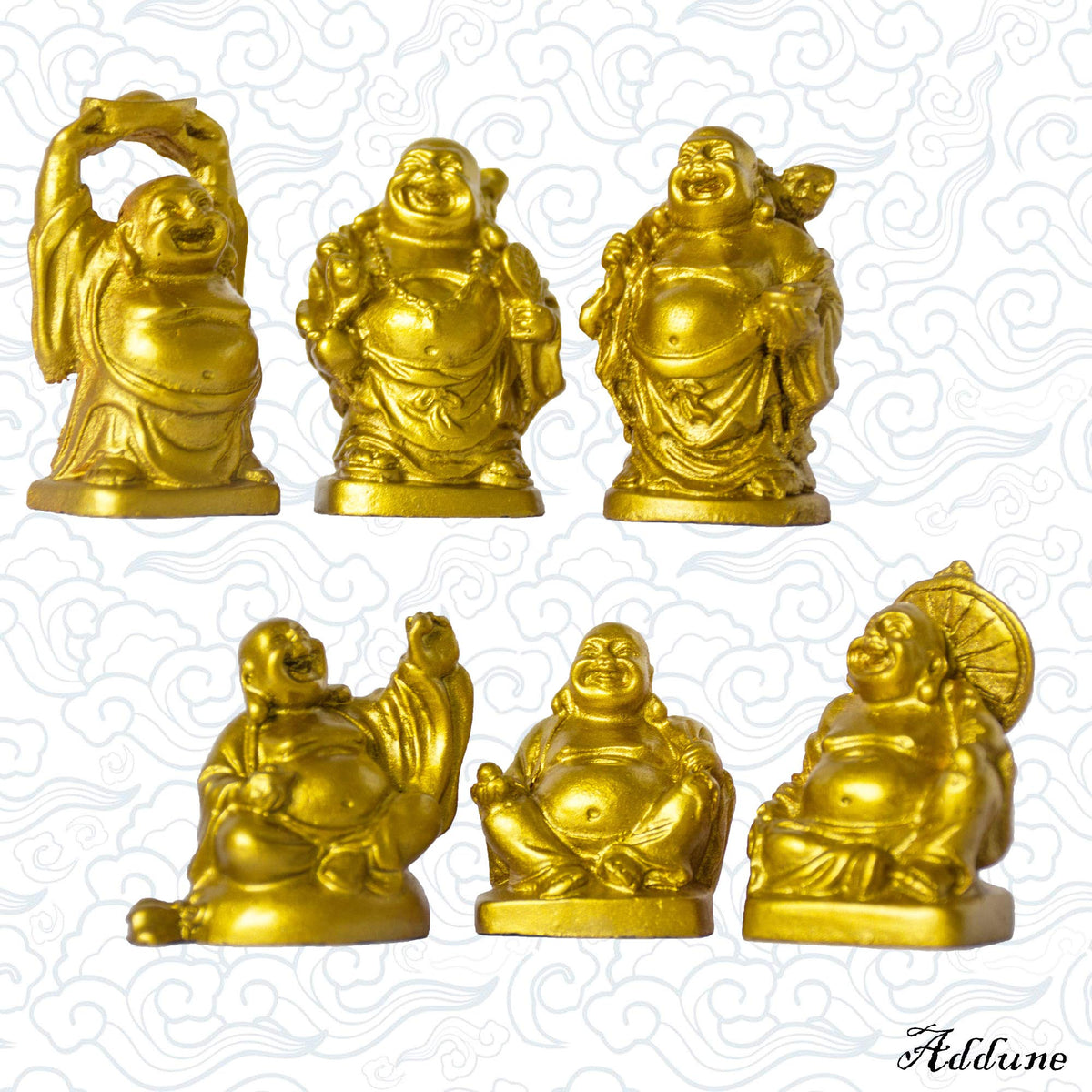 Set of 6 Laughing Happy Buddha Statue Resin Figurines Feng Shui for Luck Wealth Good Gift and Collection (Gold / 2'')