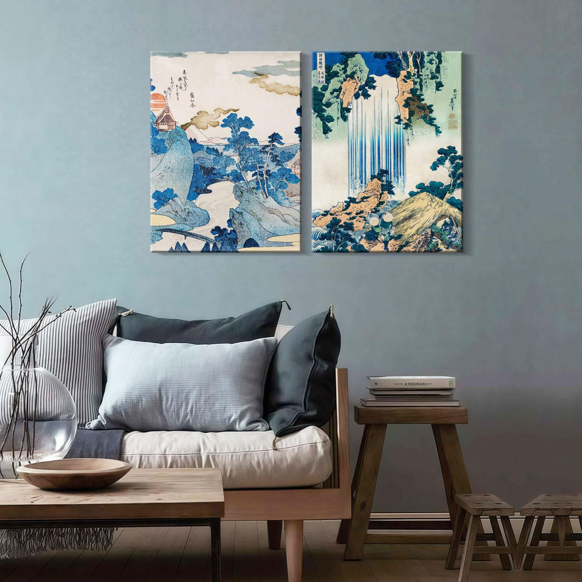 2 Pcs Japanese Landscape Waterfall Wall Art Ukiyo (Blue Landscape / 24"L x 16"W)